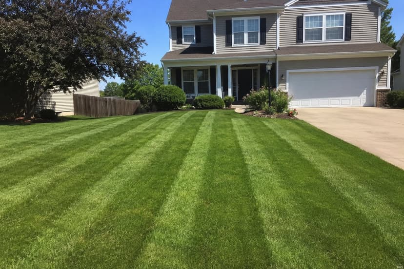 Freshly mowed front lawn with crisp mower stripes serviced by First Class Property Services