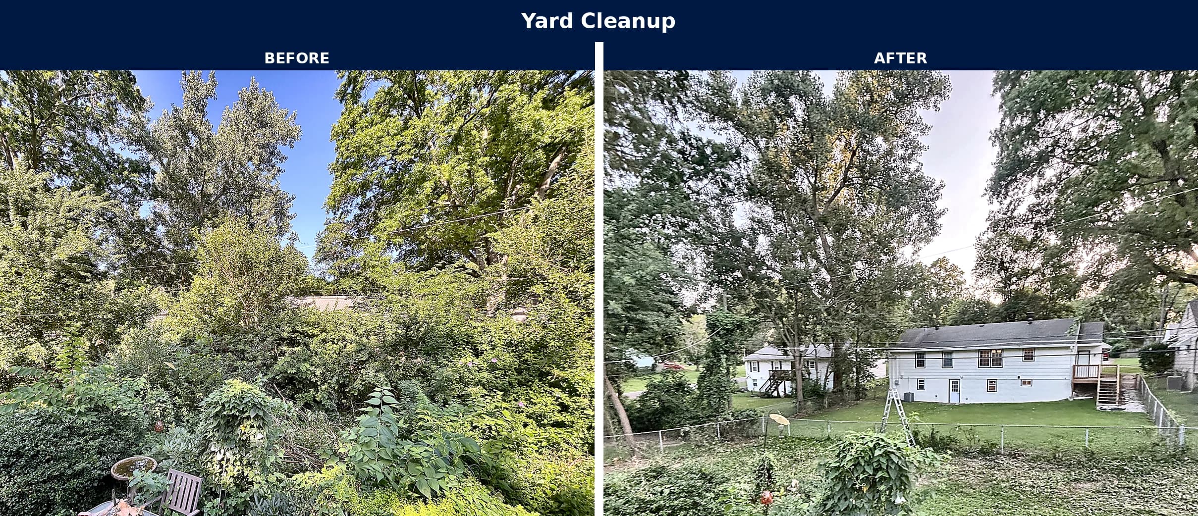 Before and after photo of a First Class Property Services yard cleanup in the Kansas City metro